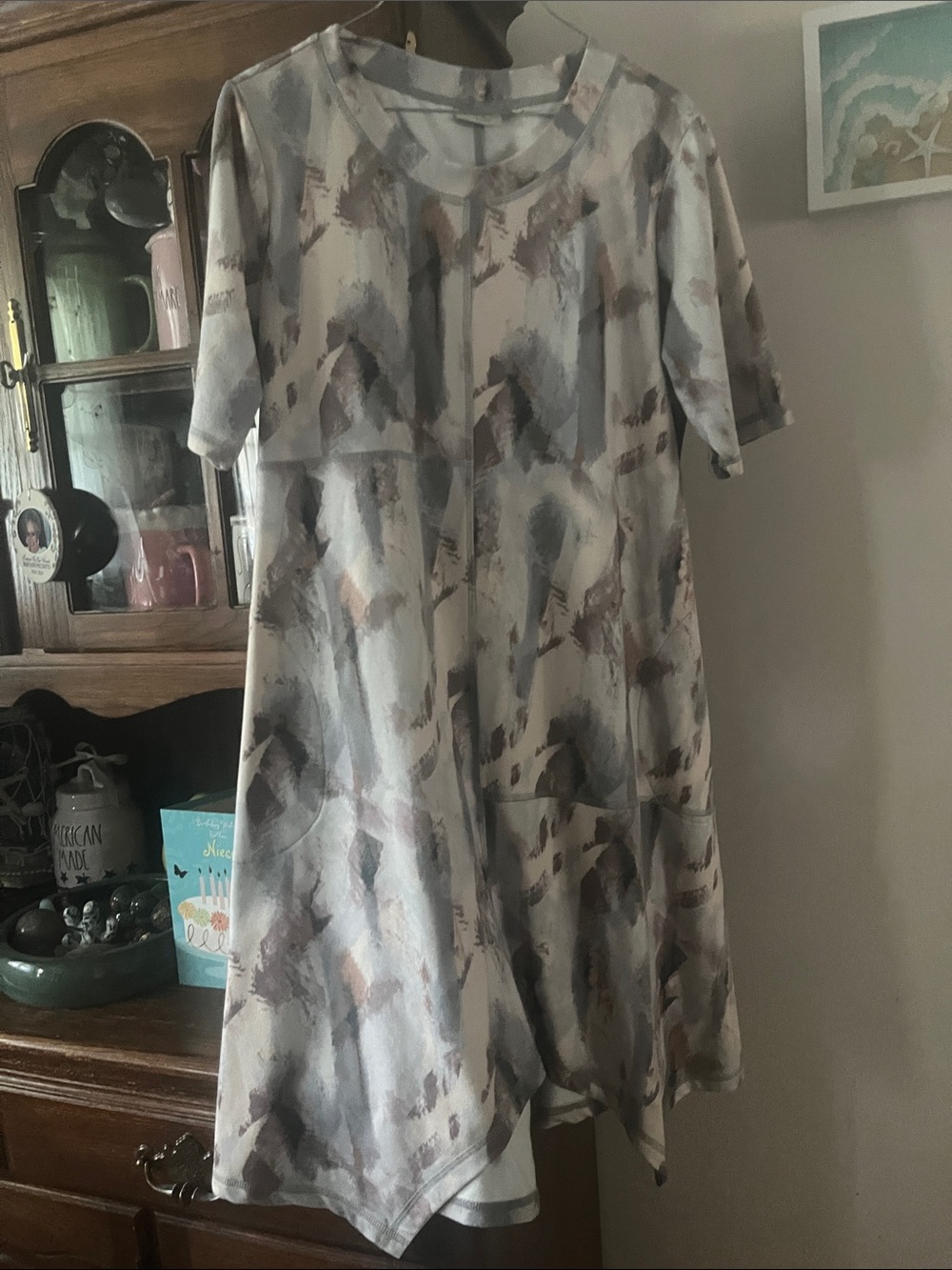 Abstract Watercolor Print A-Line Dress in Light Gray and Taupe with pockets